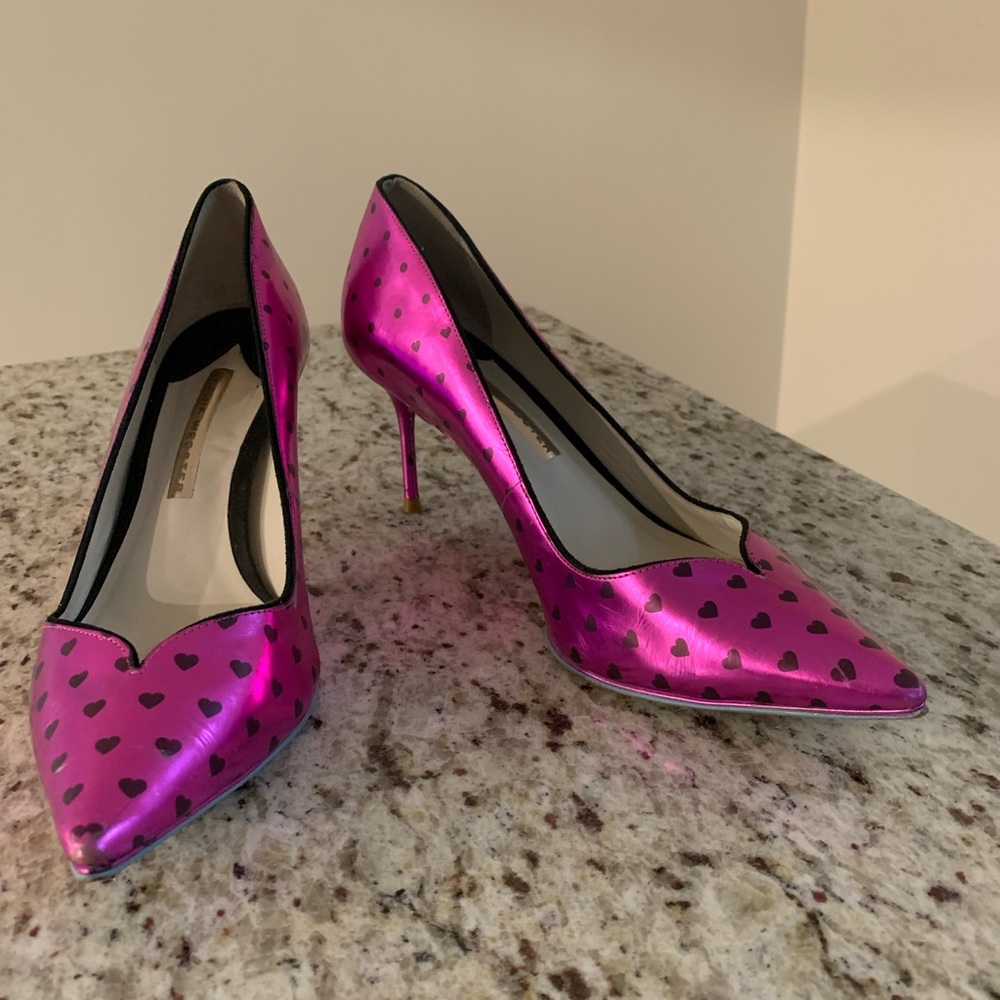 Designer Sofia Webster Luella Pink Metallic Foil Hearts Stiletto Heels SZ 39